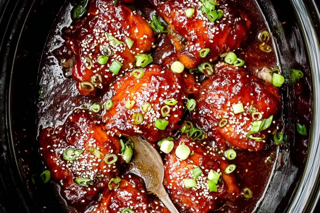 Crock Pot Honey Garlic Chicken thighs in rich garlic sauce, garnished with sesame seeds and green onions, served in a slow cooker with a spoon.