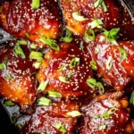 Crock Pot Honey Garlic Chicken thighs in a slow cooker, glazed with sweet garlic sauce, garnished with sesame seeds and green onions.