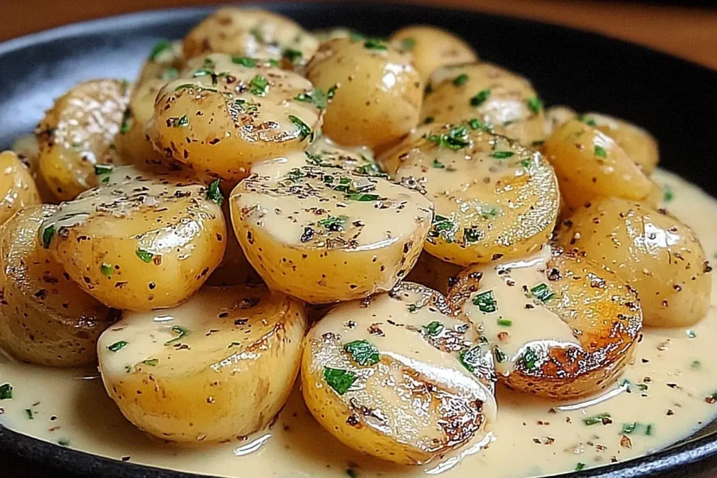 Golden baby potatoes coated in creamy garlic sauce, garnished with herbs – a close-up of Creamy Garlic Sauce Potatoes.