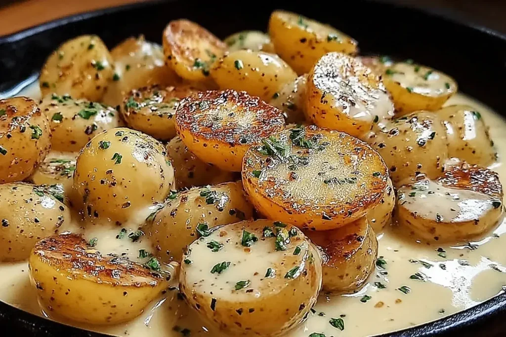Golden baby potatoes in creamy garlic sauce with herbs—perfectly seared and seasoned Creamy Garlic Sauce Potatoes.