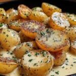 Golden baby potatoes in creamy garlic sauce with herbs—perfectly seared and seasoned Creamy Garlic Sauce Potatoes.