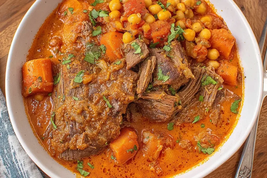 Indian Butter Pot Roast served in a bowl with carrots, chickpeas, and rich spiced sauce
