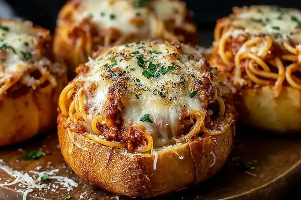 Spaghetti Garlic Bread Bowls topped with melted mozzarella and parsley, served as a cozy comfort food dinner.