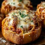 Spaghetti Garlic Bread Bowls topped with melted mozzarella and parsley, served as a cozy comfort food dinner.