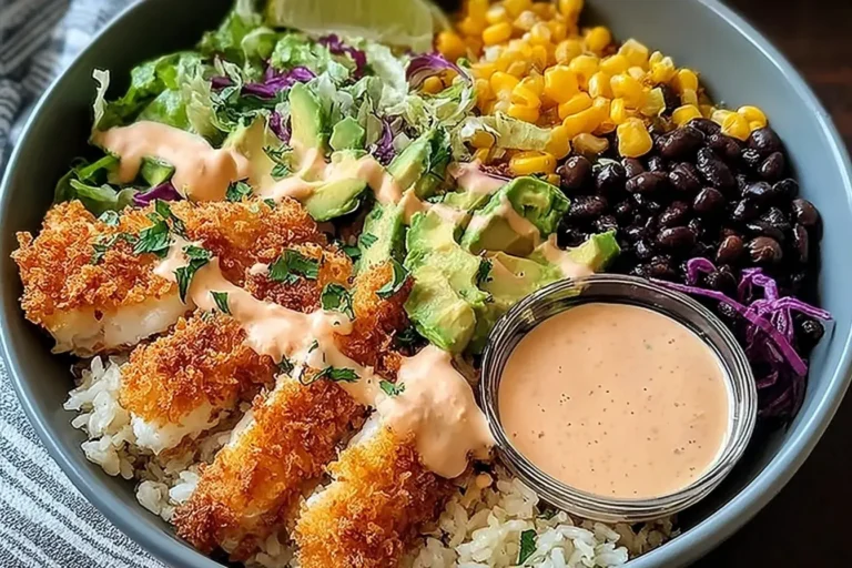 Crispy Fish Taco Bowls with golden breaded fish, avocado, corn, black beans, slaw, and chipotle lime crema over rice.