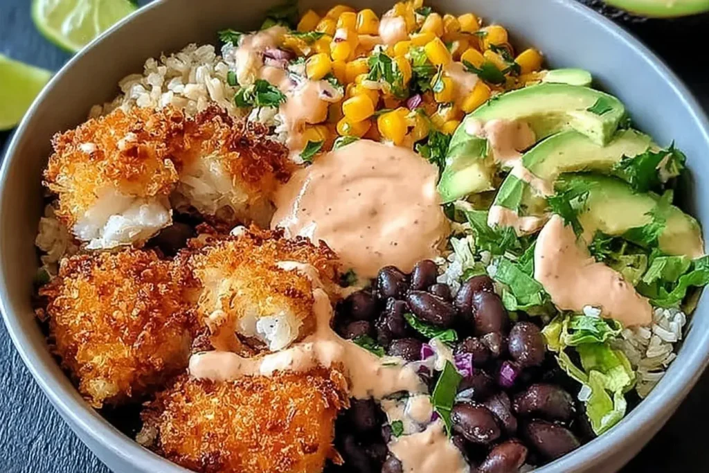 Crispy Fish Taco Bowls with golden fried fish, avocado slices, black beans, corn, lettuce, and chipotle crema over rice.
