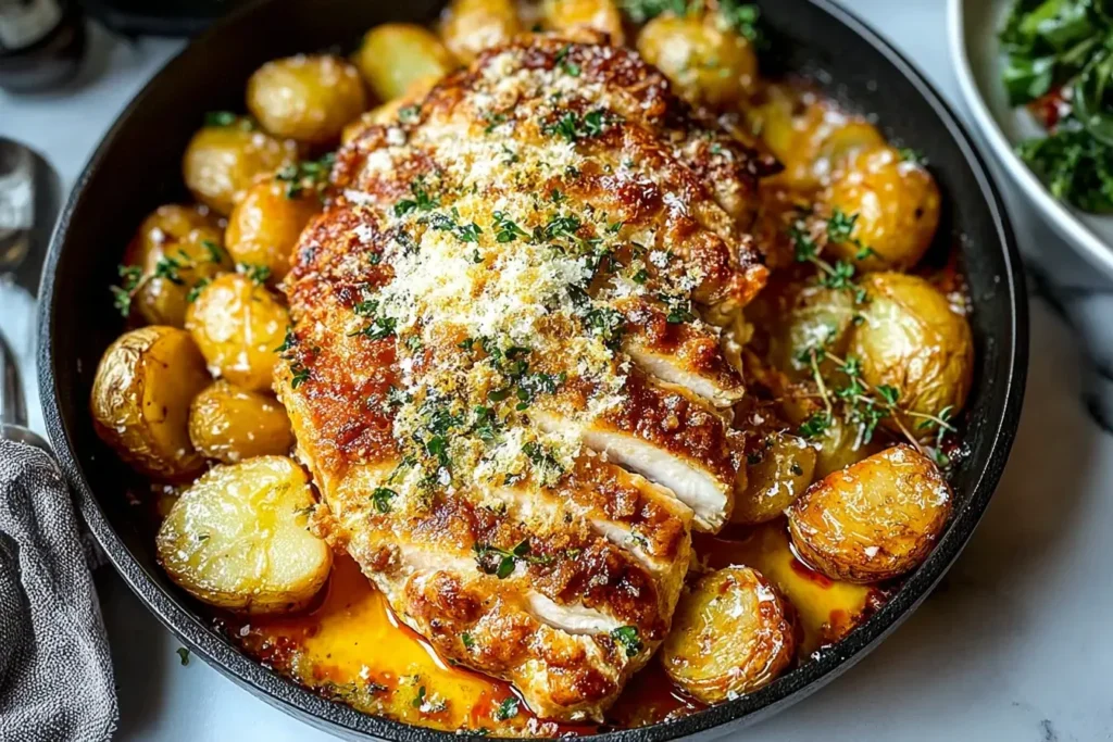 Golden-brown Steakhouse Parmesan Chicken served with roasted baby potatoes in a skillet, topped with fresh herbs and parmesan cheese.