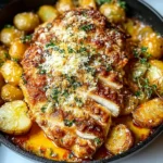 Golden-brown Steakhouse Parmesan Chicken served with roasted baby potatoes in a skillet, topped with fresh herbs and parmesan cheese.