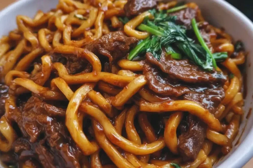 Close-up of Simple Black Pepper Beef Udon with glossy noodles, tender beef, and sautéed greens.