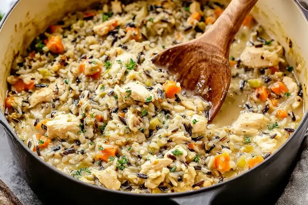 Creamy Chicken Wild Rice Casserole with tender chicken, carrots, and wild rice in a large pot with a wooden spoon.