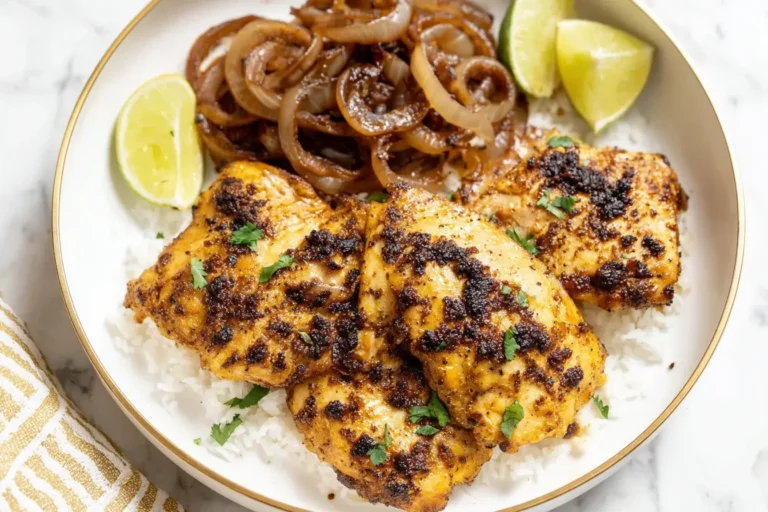 Grilled Cuban chicken breasts with sautéed onions and lime wedges served over white rice in a bowl.