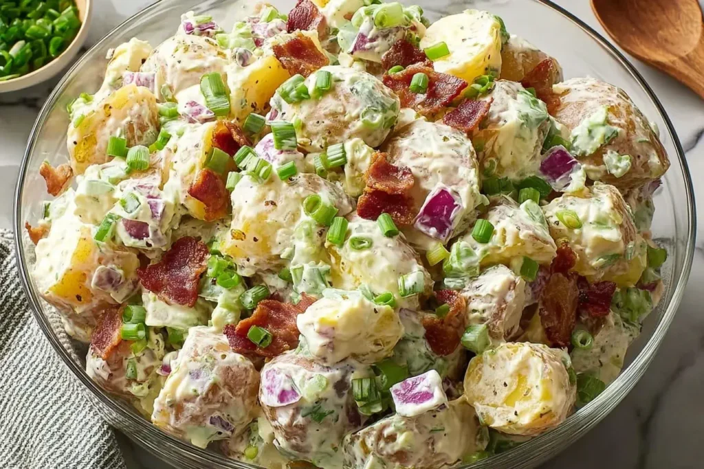 Bowl of creamy steakhouse potato salad with crispy bacon, red onion, and fresh chives.