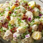 Bowl of creamy steakhouse potato salad with crispy bacon, red onion, and fresh chives.