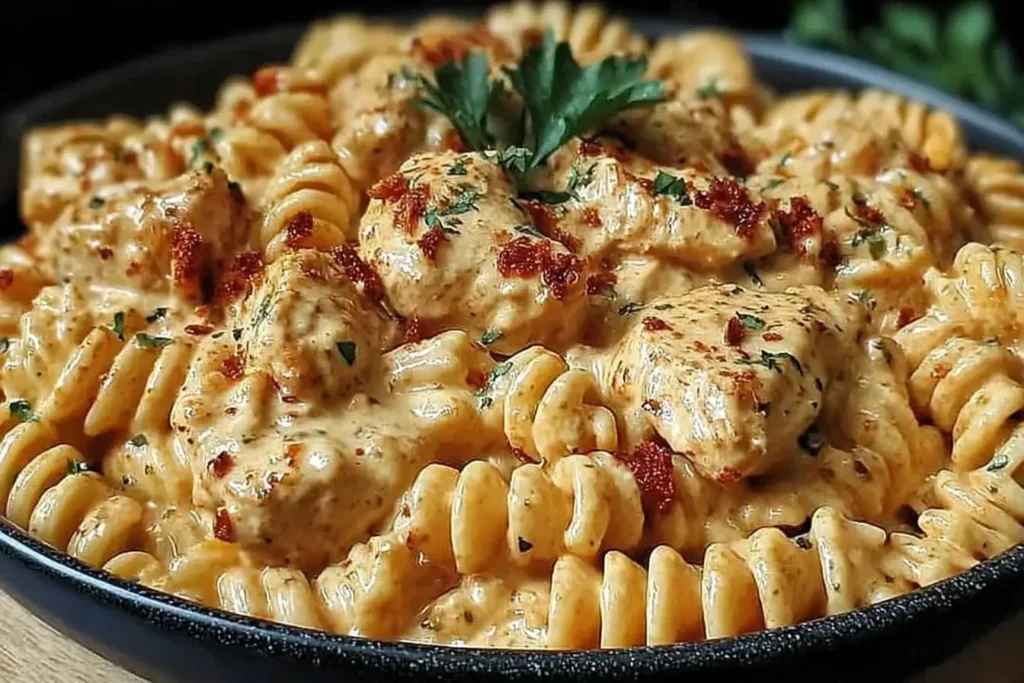 Cajun Cream Cheese Chicken Pasta Bake with rotini, tender chicken chunks, and a creamy spiced sauce topped with parsley.