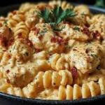 Cajun Cream Cheese Chicken Pasta Bake with rotini, tender chicken chunks, and a creamy spiced sauce topped with parsley.
