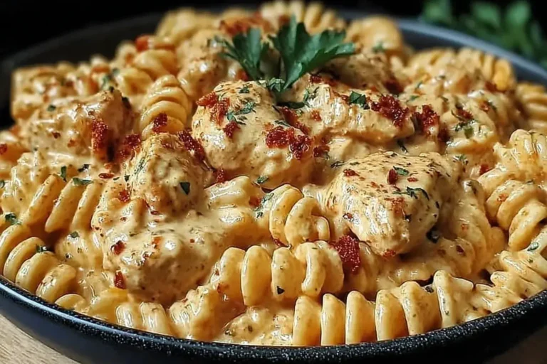 Cajun Cream Cheese Chicken Pasta Bake with rotini, tender chicken chunks, and a creamy spiced sauce topped with parsley.