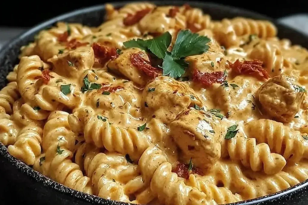 Creamy Cajun Cream Cheese Chicken Pasta Bake with rotini, tender chicken, and parsley garnish in a skillet.