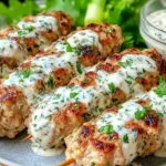 Juicy Chicken Kofta with Garlic Yogurt Sauce served on skewers, topped with creamy yogurt sauce and fresh parsley.