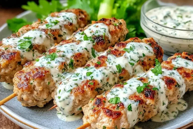 Juicy Chicken Kofta with Garlic Yogurt Sauce served on skewers, topped with creamy yogurt sauce and fresh parsley.