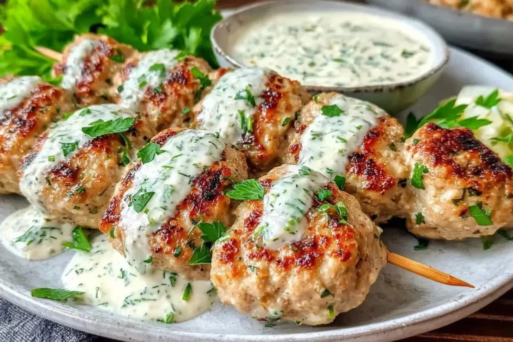 Grilled Chicken Kofta with Garlic Yogurt Sauce on skewers, topped with creamy yogurt sauce and fresh parsley.