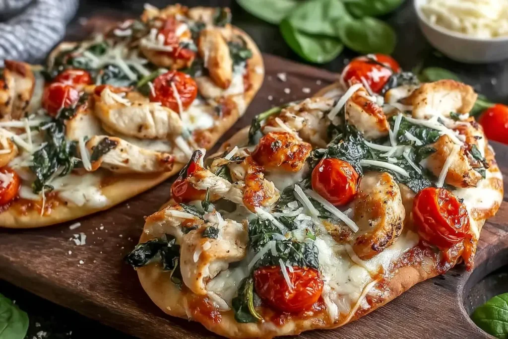 Tuscan Garlic Chicken Pita Pizzas with roasted cherry tomatoes, spinach, and melted cheese on a wooden serving board