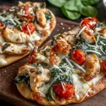 Tuscan Garlic Chicken Pita Pizzas with roasted cherry tomatoes, spinach, and melted cheese on a wooden serving board