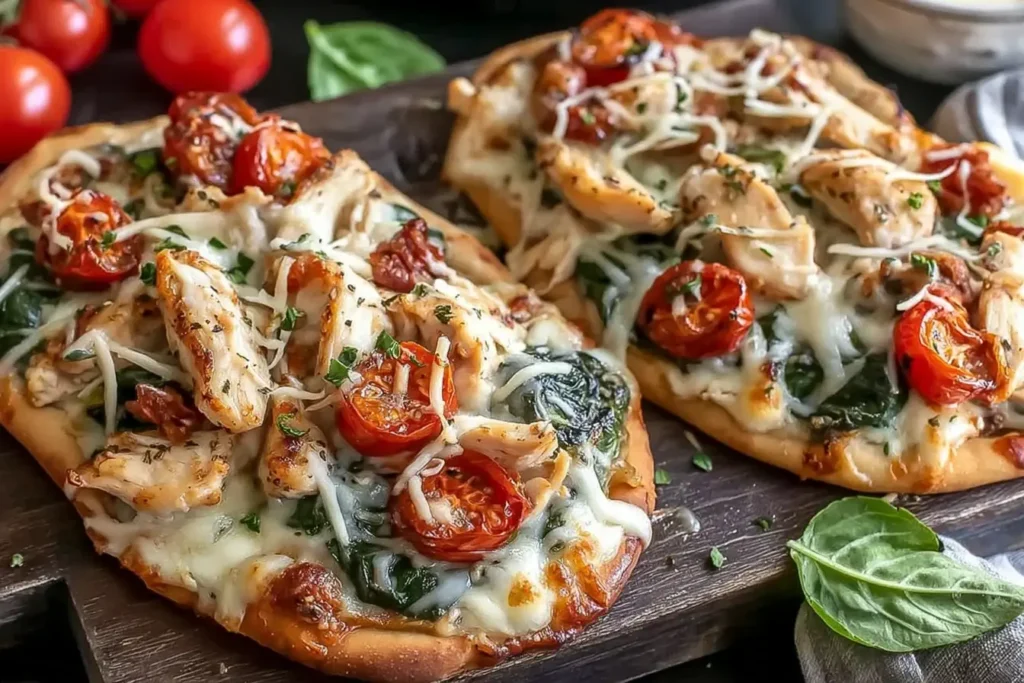Close-up of Tuscan Garlic Chicken Pita Pizzas topped with melted cheese, cherry tomatoes, spinach, and juicy chicken on a wooden board