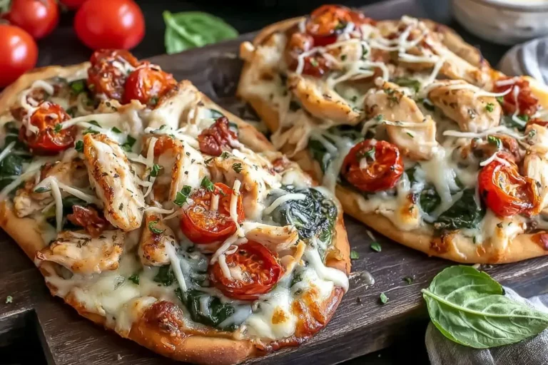 Close-up of Tuscan Garlic Chicken Pita Pizzas topped with melted cheese, cherry tomatoes, spinach, and juicy chicken on a wooden board