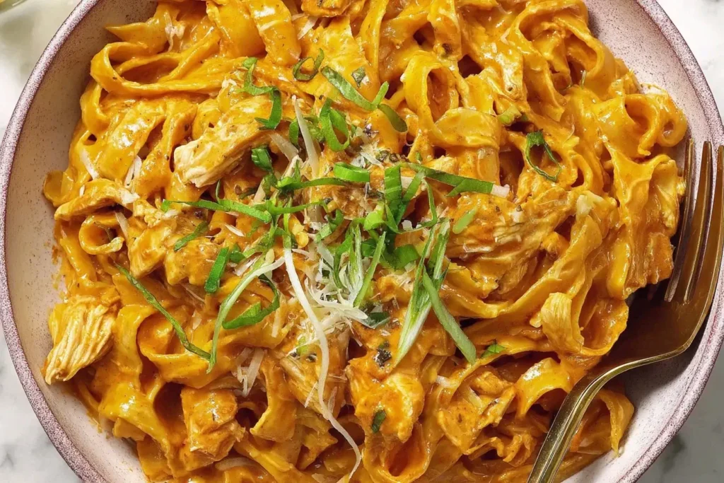 Close-up of creamy Gochujang Chicken Alfredo pasta with shredded chicken, scallions, and Parmesan in a bowl.