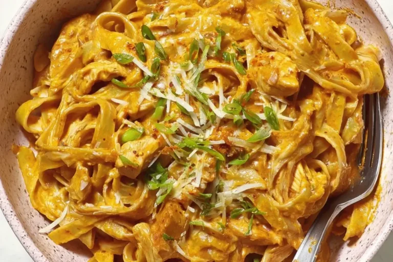 Creamy Gochujang Chicken Alfredo pasta topped with scallions and Parmesan in a bowl.