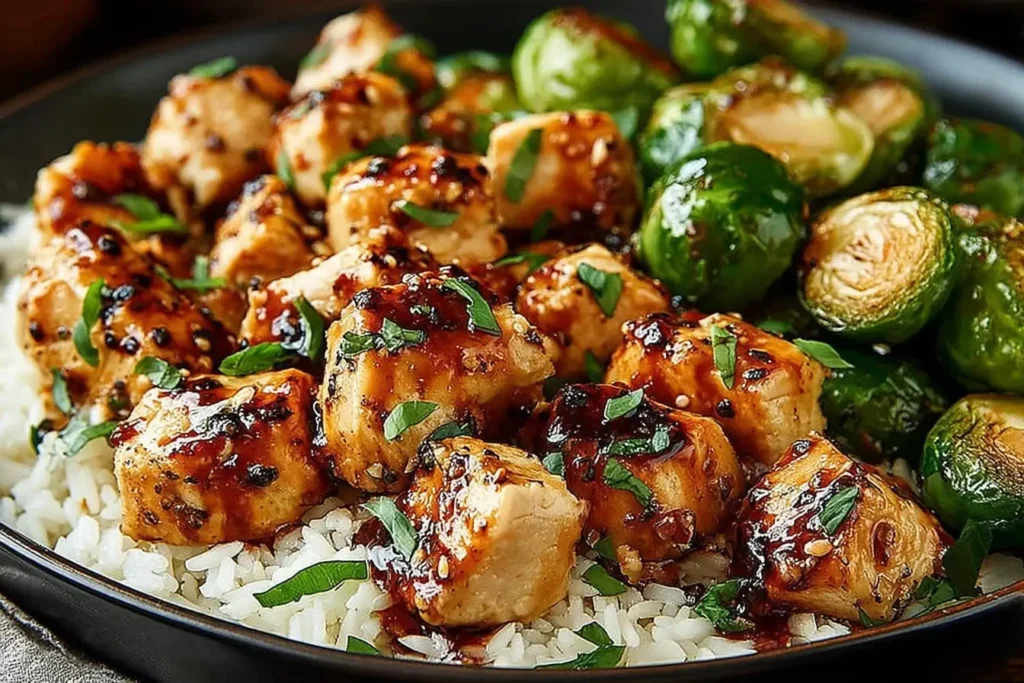Sweet Chili Chicken and Brussels Sprouts on white rice with a glossy sweet chili glaze.