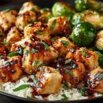 Sweet Chili Chicken and Brussels Sprouts on white rice with a glossy sweet chili glaze.