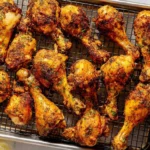 Golden Seasoned Crispy Chicken Drumsticks baked on a rack for the perfect crunchy skin.