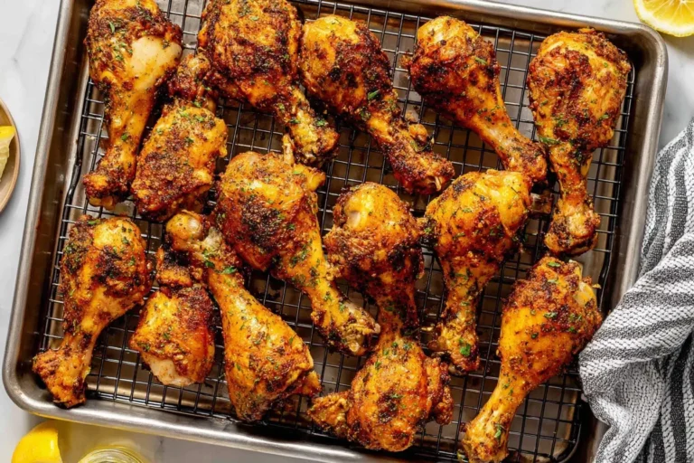 Golden Seasoned Crispy Chicken Drumsticks baked on a rack for the perfect crunchy skin.