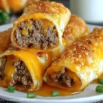 Golden-brown Cheeseburger Eggrolls filled with seasoned ground beef and melted cheddar cheese, served on a white plate with chopped green onions.