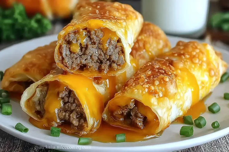 Golden-brown Cheeseburger Eggrolls filled with seasoned ground beef and melted cheddar cheese, served on a white plate with chopped green onions.