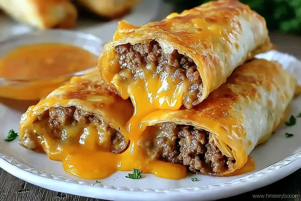 Close-up of crispy Cheeseburger Eggrolls oozing with melted cheddar cheese and ground beef on a white plate.