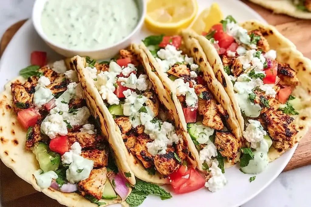 Mediterranean Chicken Tacos with grilled chicken, fresh vegetables, feta cheese, and tzatziki sauce served on warm flatbread.