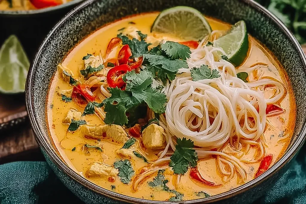 Bowl of Thai Chicken Soup with rice noodles, red chilies, cilantro, and lime wedges in a creamy coconut broth.