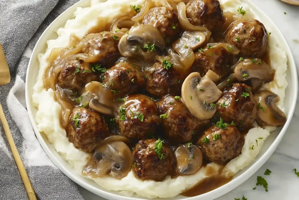 Slow Cooker Salisbury Steak Meatballs served with mushroom gravy over mashed potatoes