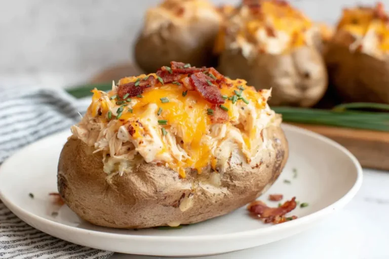 Crack Chicken Stuffed Baked Potatoes topped with melted cheddar, bacon, and chives on a white plate.