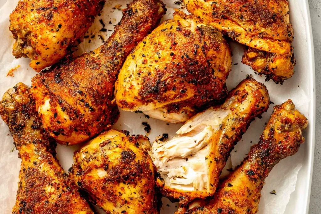Close-up of juicy Seasoned Crispy Chicken Drumsticks with golden crunchy skin and tender meat inside.