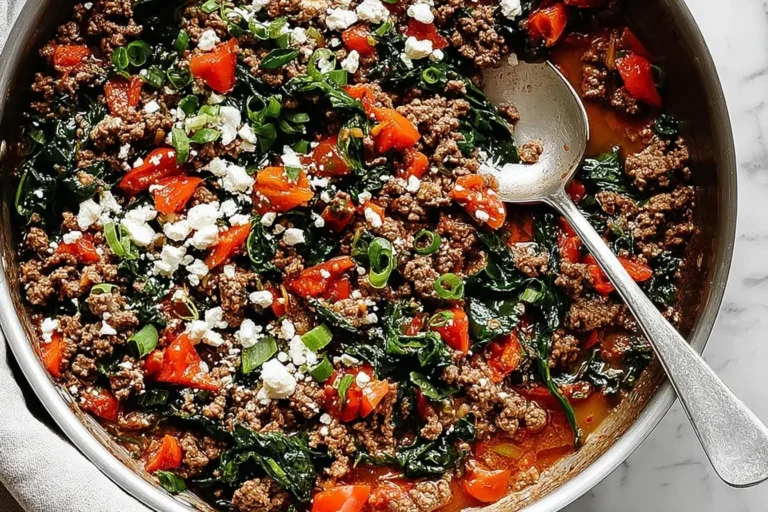 Mediterranean Ground Beef Stir-Fry with spinach, bell peppers, cherry tomatoes, and feta in a skillet.