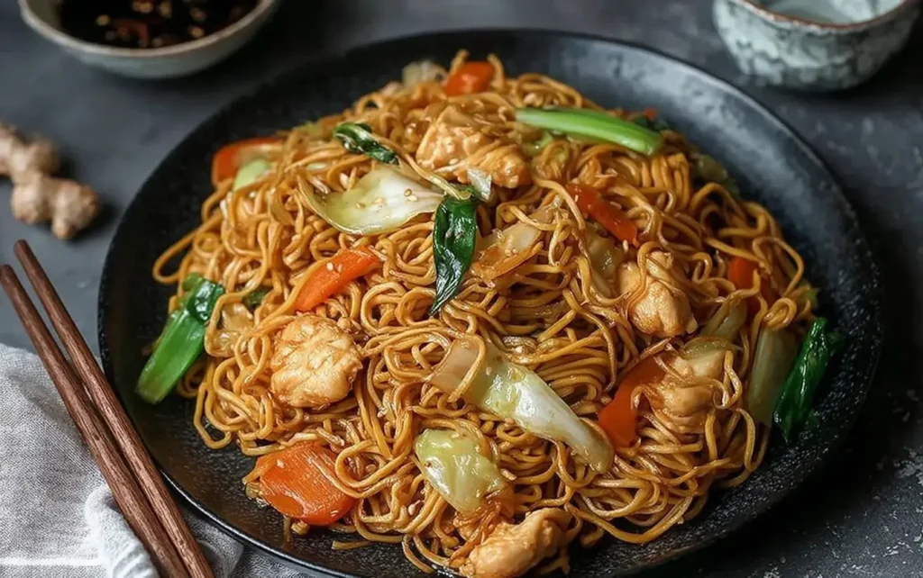 Plated chicken chow mein with stir-fried noodles, vegetables, and tender chicken pieces.