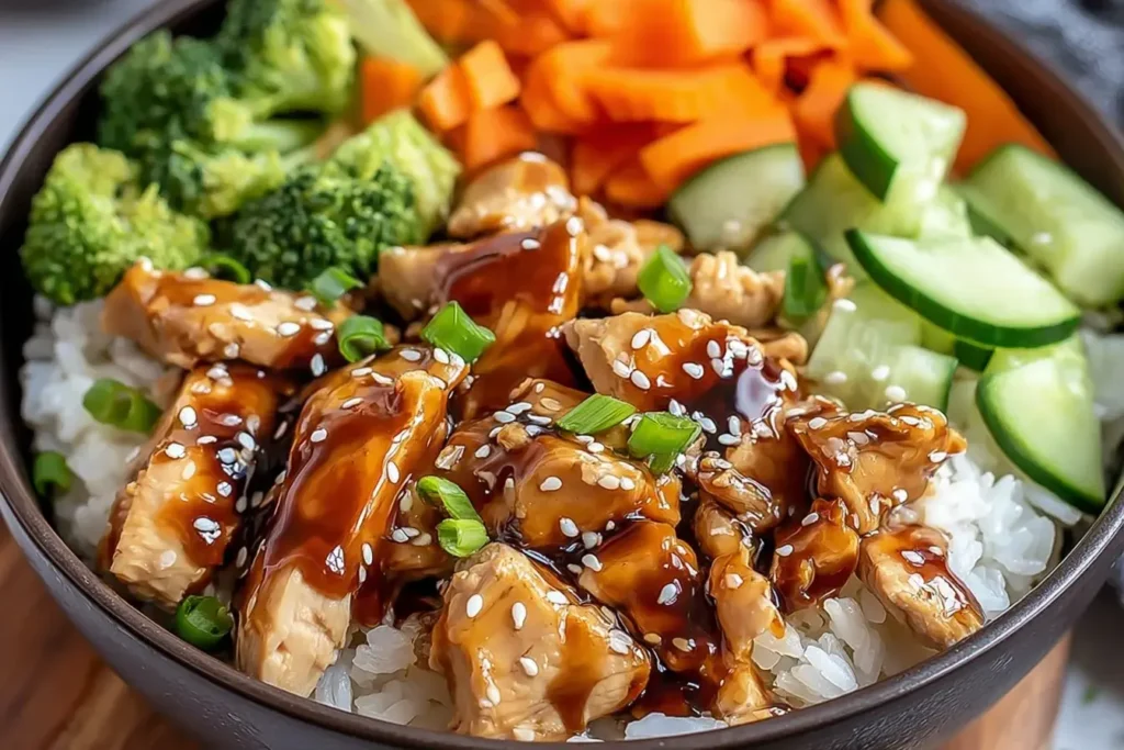 Teriyaki Chicken Rice Bowl with glazed chicken pieces, white rice, broccoli, cucumbers, and carrots topped with sesame seeds and green onions.
