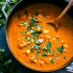 Creamy Mango Chicken Curry in a black pot topped with fresh cilantro and lime on the side