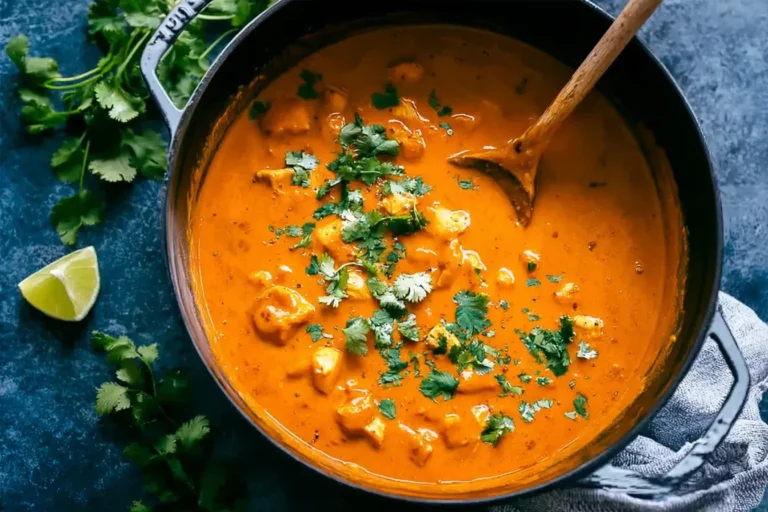 Creamy Mango Chicken Curry in a black pot topped with fresh cilantro and lime on the side