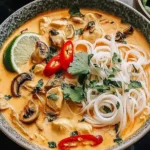 A bowl of Thai Chicken Soup with noodles, mushrooms, red chili, lime, and fresh cilantro in a creamy coconut broth.