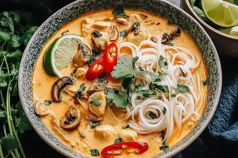A bowl of Thai Chicken Soup with noodles, mushrooms, red chili, lime, and fresh cilantro in a creamy coconut broth.