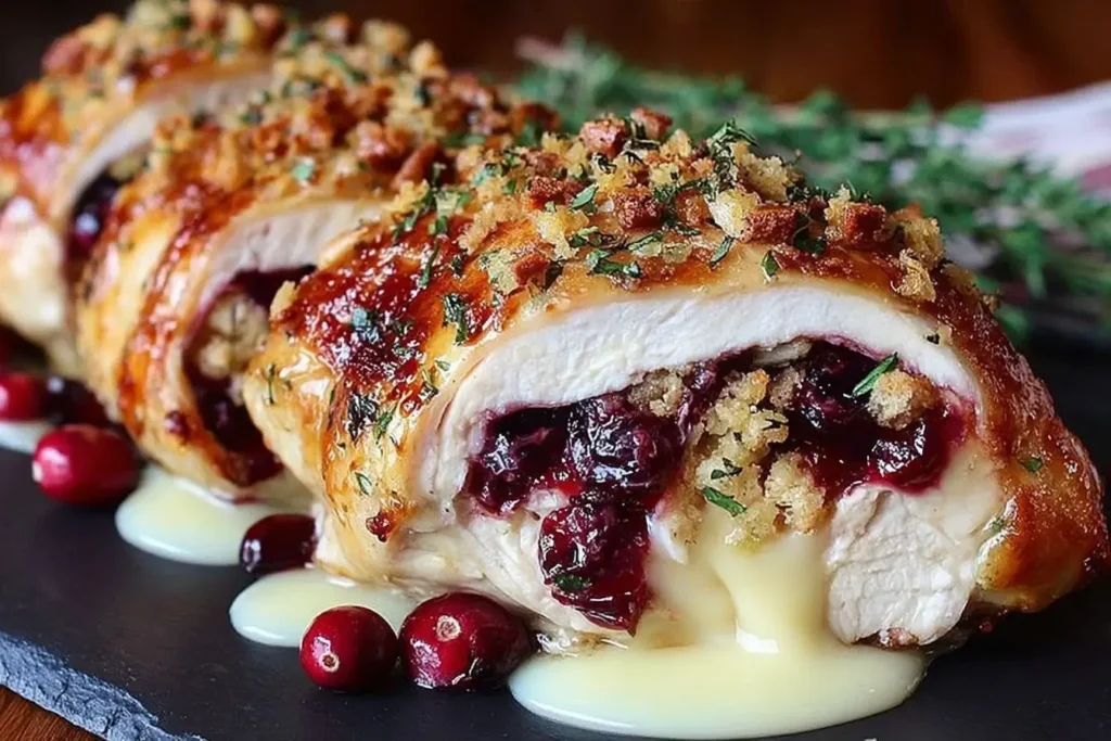 Close-up of Cranberry Brie Stuffed Chicken with melted brie oozing out and crispy herb breadcrumb topping.